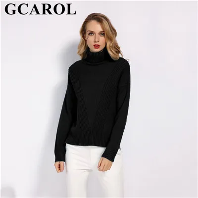 Женский свитер-водолазка GCAROL, теплый вязаный джемпер с разрезами по бокам, 7 цветов, пуловер большого размера со спущенными плечами на осень и зиму - Цвет: Black