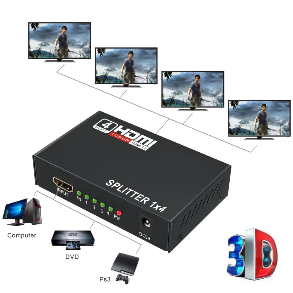 Aikexin 1080 P 4 Выход HDMI сплиттер 1x4 HDMI дистрибьютор 1 в 4 на разветвитель Поддержка Full HD 1080 P 3D для HDTV DVD плеер PS4