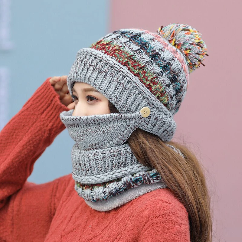 

2022 Hot Winter Women's Mask Hat for Girls Bob Thick Warm Fleece Inside Knitted Hat Scarf Set 3pcs Outdoor Riding Fashion Hats