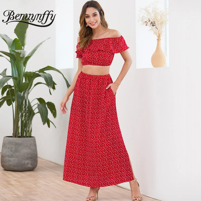 

Benuynffy Off Shoulder Ruffle Top And Skirt Set 2 Piece Women Summer Vacation Beach Style Print Split Maxi Long Two Piece Set
