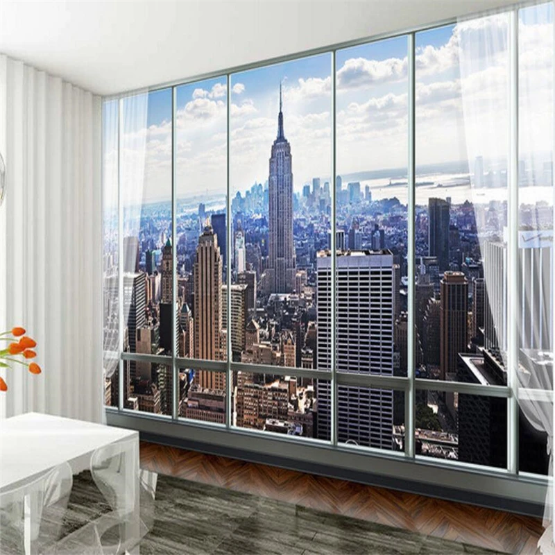Custom Photo Wallpaper Mural Wall Sticker European 3D 3D Window New York Tower Building TV Background Wall papel de parede