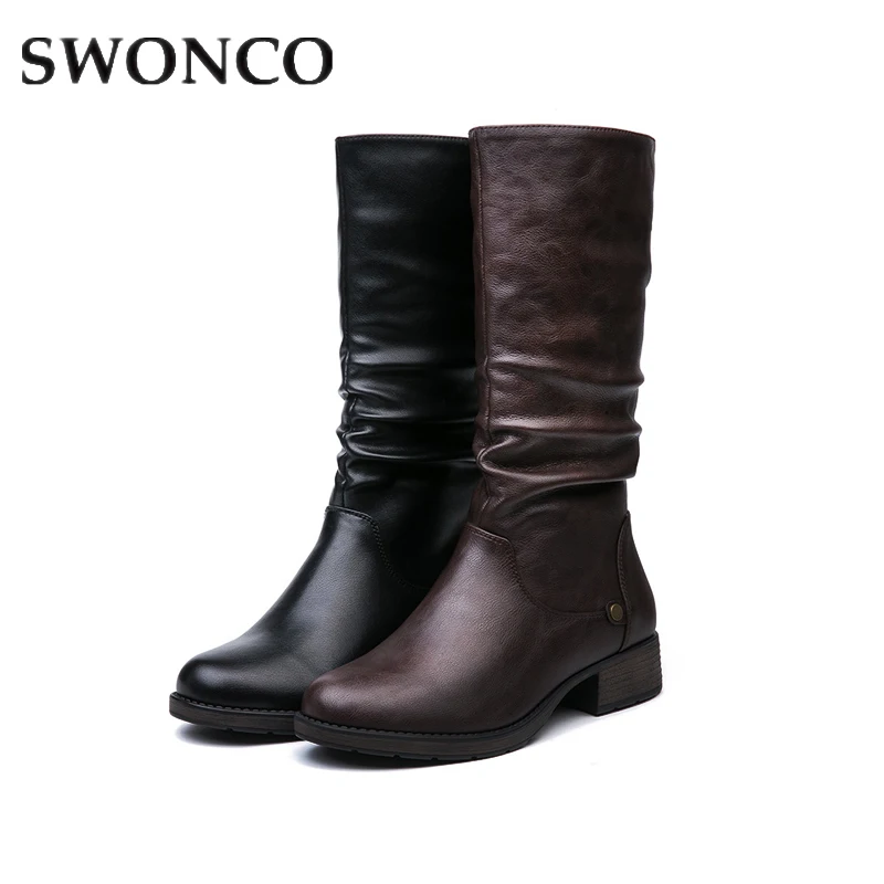 

SWONCO Snow Boots Shoes Women Warm Shoes Black Bootee Woman 2019 Knee High Boots Shoes Female Velvet Fur Snowboots For Women