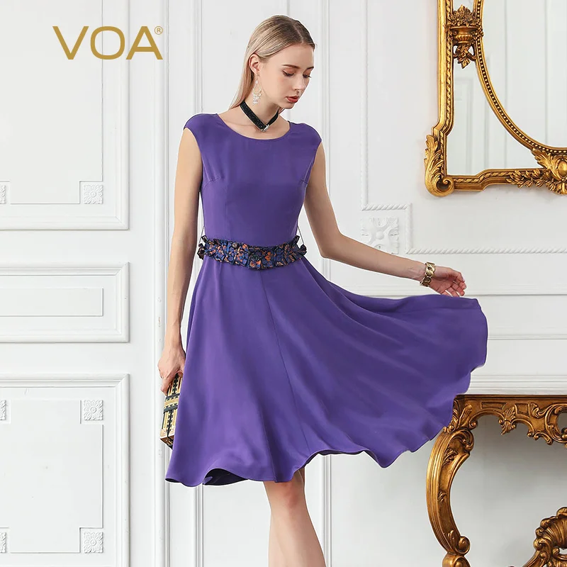 

VOA 2018 Heavy Silk Summer Robe Femme Ete Even Shoulder Solid Color Stitching O Neck Short-sleeved Princess Elegant Dress A838