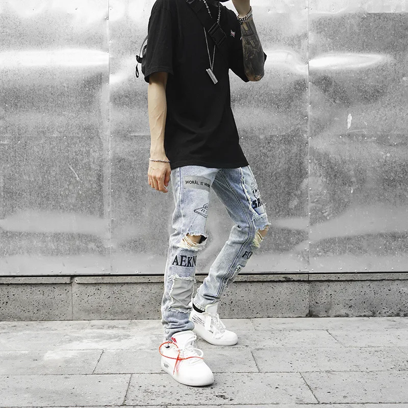 Mcikkny Retro Men's Ripped Distressed Denim Trousers Slim Fit Straight Jeans Pants Washed Brand Designer Bike Joggers Patchwork (21)