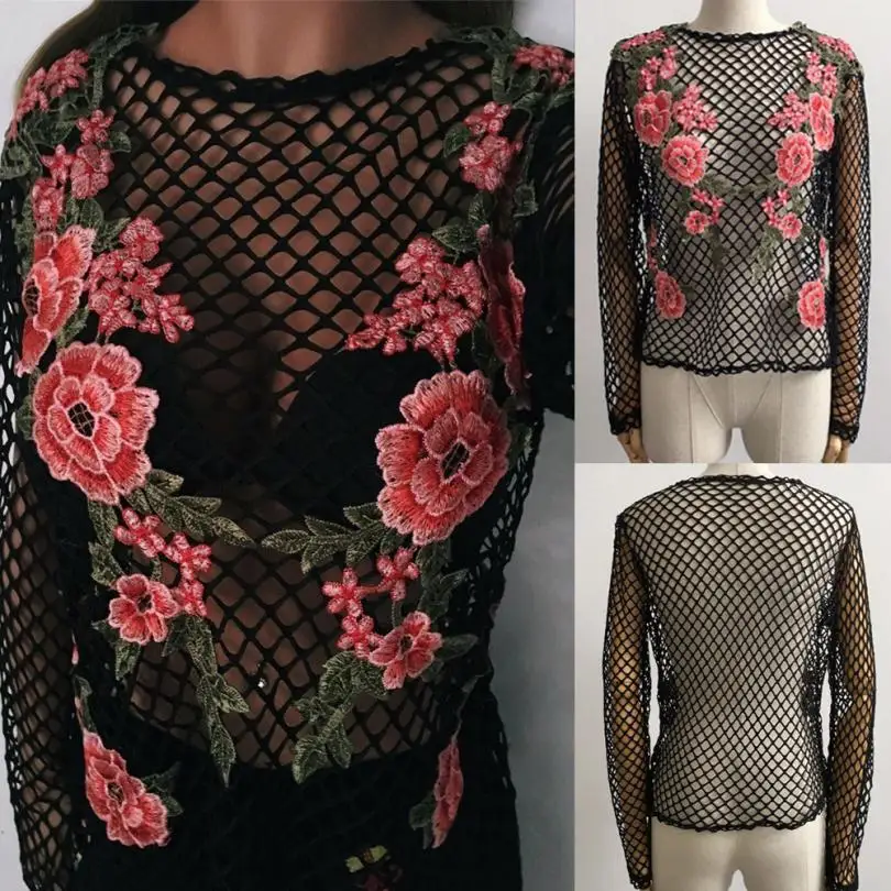 

2017 Women Beach Lace Appliques Crochet Bikini Long Sleeves Tops Shirt Blouse Beach Loose T Shirt Hollow Out Fishnet JL08Y