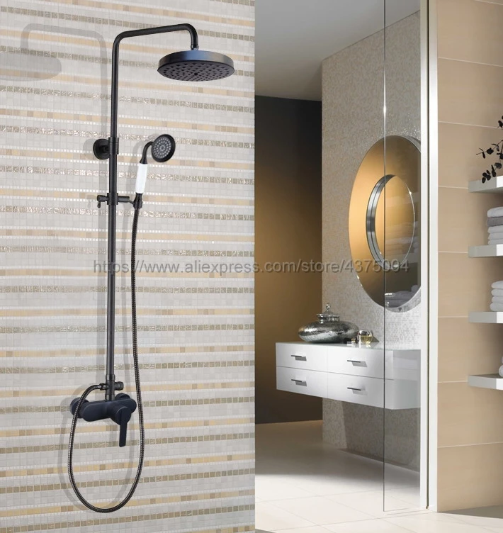 Black Oil Rubbed Brass Wall Mounted 7.7" Rain Shower Faucet Mixer Set with Bathroom Shower Faucet Hand Shower Sprayer Nhg156