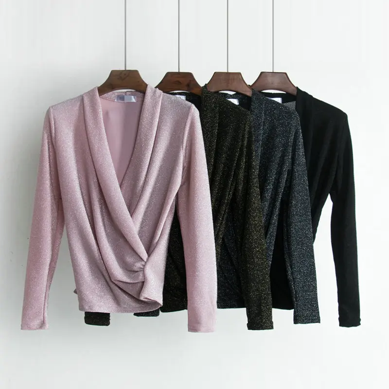 2018 spring new female blouses women's solid color deep V collar long sleeve shiny shirt women shirts