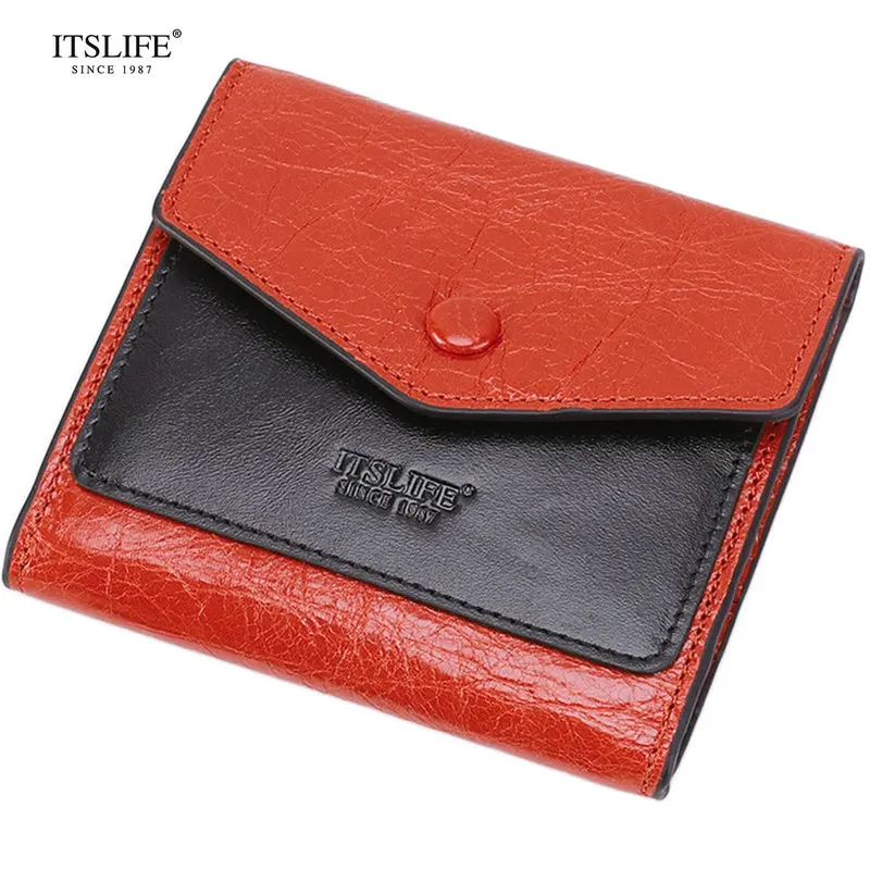 

New Women RFID Blocking Short Wallet Genuine Leather Trifold Lady Contrast Color Snap Purse Fashion Designer Brand Card Holder