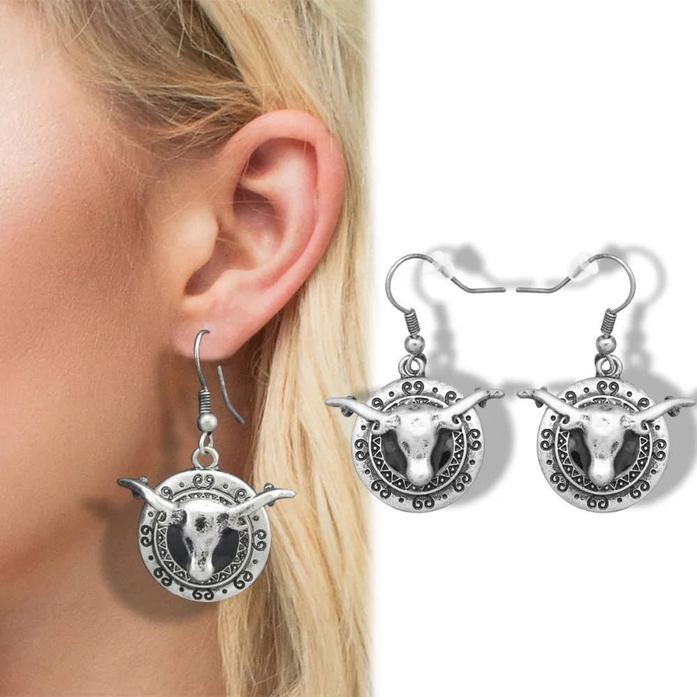Orecchini Di Goccia Dell'Annata Ciondola Occidentale Longhorn Steer Di Bufalo Corno Di Toro Inciso Di Scorrimento Cowgirl Donne Oorbellen Orecchini De