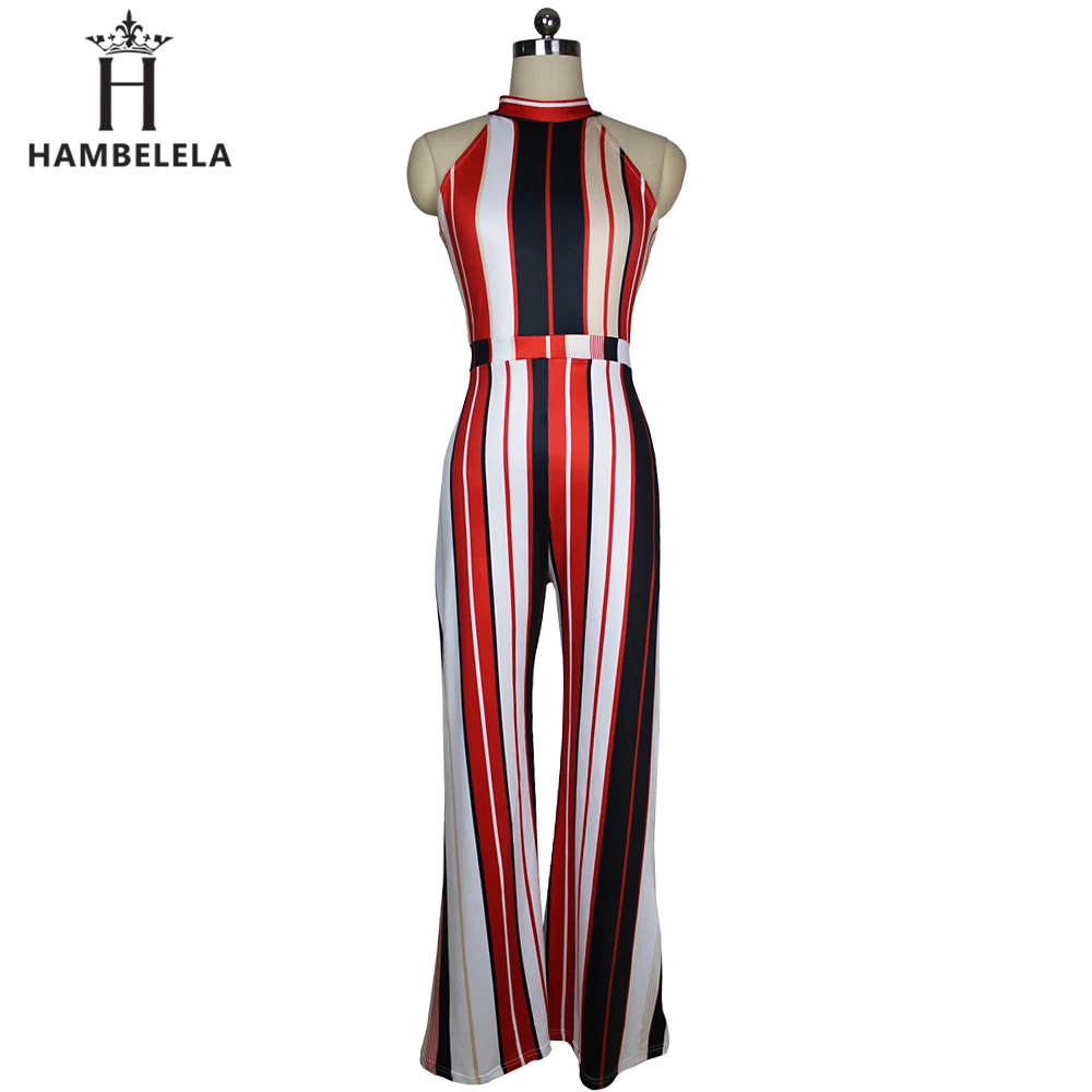 Hambelela Factory S-XXL Women Turtleneck Striped Loose Women Jumpsuit Sleeveless Top Long Wide Leg Pants Ladies Maxi Romper (7)
