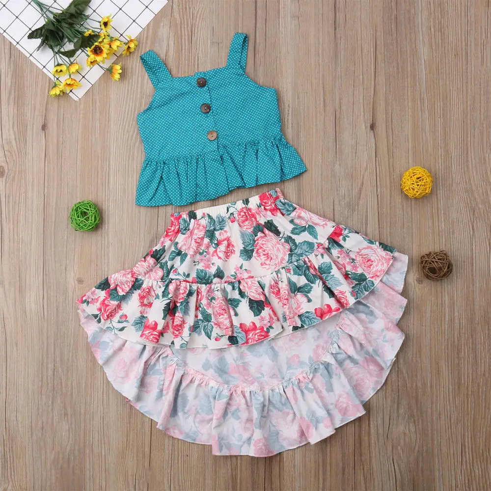 

Toddler Kids Girls Summer Princess Dot Fastener Ruffle Sleeveless Tops Floral Skirt Outfits