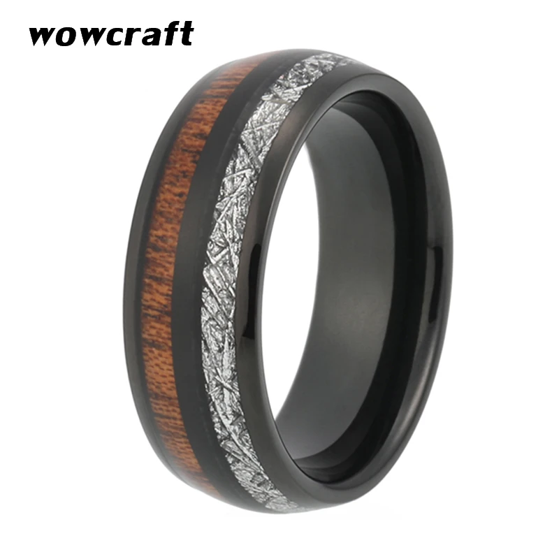 8mm Black Tungsten Carbide Ring for Men Women Wedding Band Real Koa Wood Meteorite Inlay Couple Rings Rose Gold Silver Colors