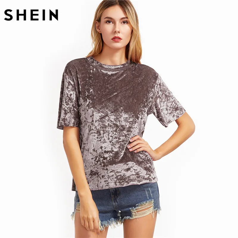 SHEIN T shirt Women Summer 2017 Womens Tops Coffee Short Sleeve Crushed Velvet T-shirt Casual Womens Tee Shirts