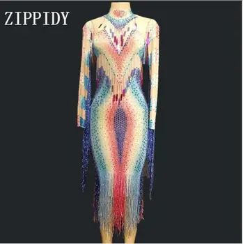 

Fashion Colorful Rhinestones Fringes Perspective Dress Evening Celebrate See Through Mesh Dress Tassel Costume Dance Dress YOUDU