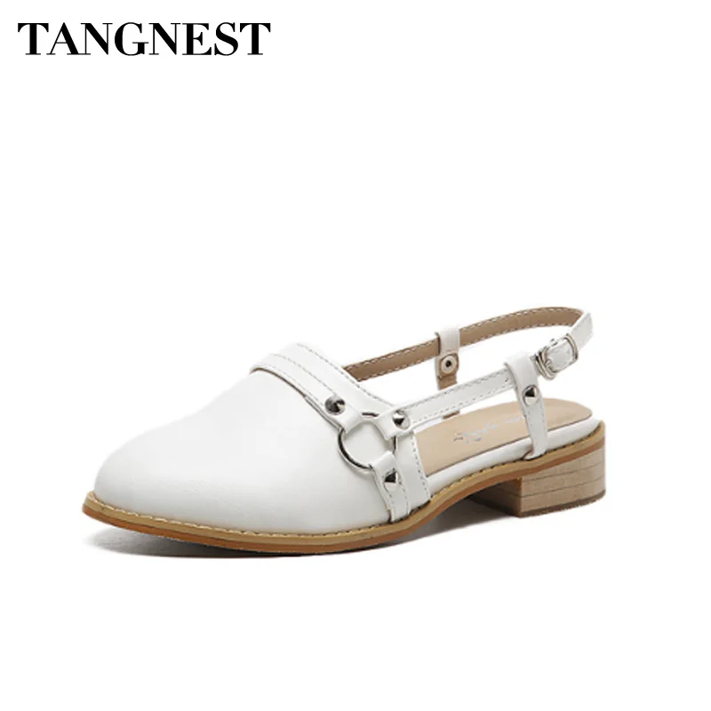 

Tangnest Low Square Heel Women Sandals Summer New British Style Comfortable Round Toe Fashion Women Shoes Black White XWZ4804