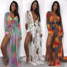 Women Indian Saree 2017 New Cotton Hot V Deep Slit Skirt Blouse Bandage Bikinis Explosion Leopard / Color Printing Beach Dress