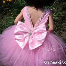 Фуксия длинное кружево с бисером цветок девушка платья с бантом пояс с кристаллами Красивая Открытая спина день рождения пышные вечерние бальные платья