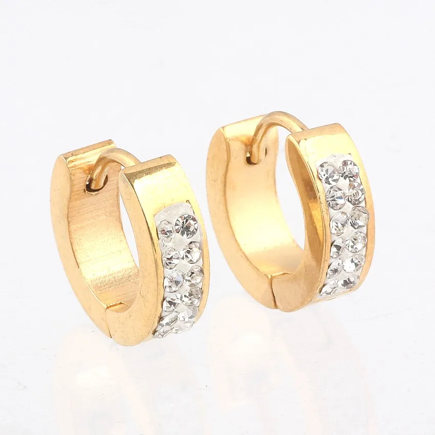 

QianBei Gold Color Earring Jewelry Couple 1 Pair High Quality Stainless Steel Crystal Rhinestone Stud Earrings Women Men Party