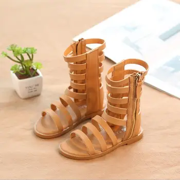 

2019 Summer 2 Colors Baby Girl Cut-Outs Hollow Roman Sandals Children Knee Boots Gladiator Kid Flat Zipper PU Shoes