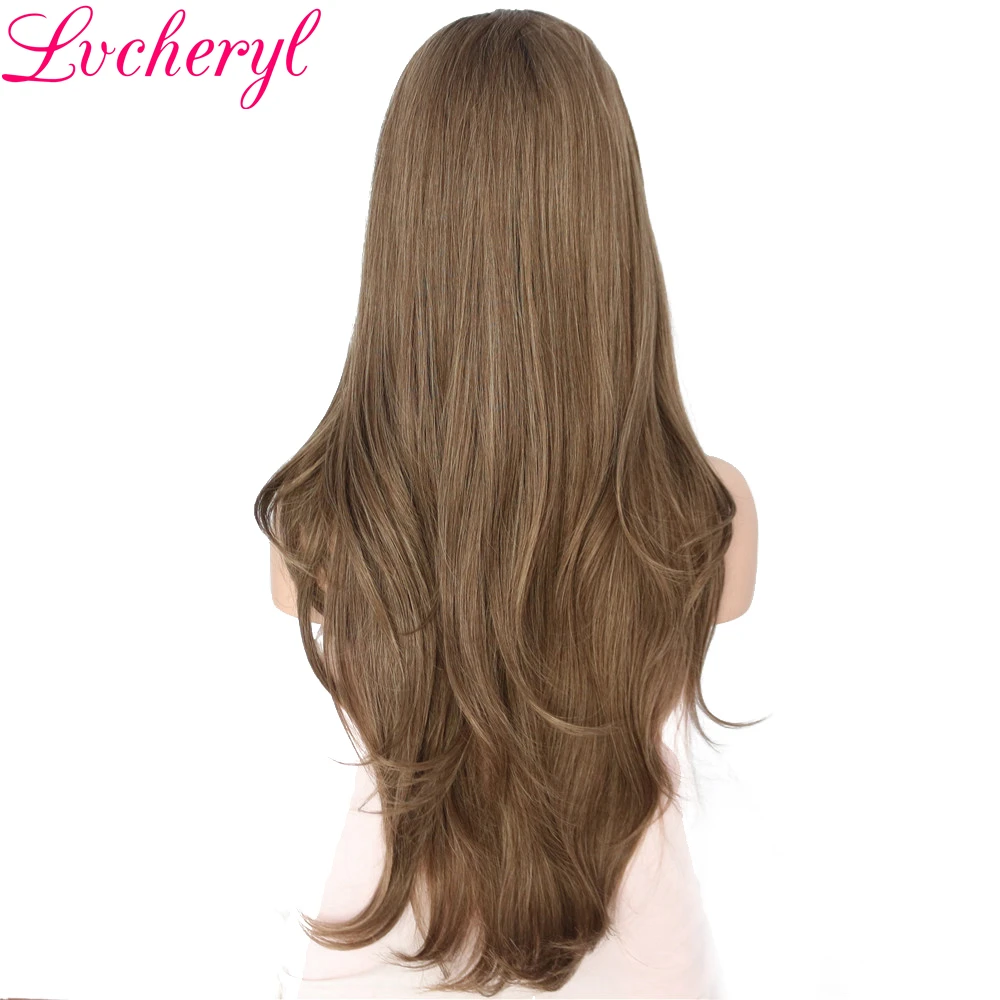 Lvcheryl натуральные волнистые волосы, завязанные вручную, Омбре, черный и коричневый цвет, термостойкие волокна, парик, бесклеевые синтетические передние парики на кружеве