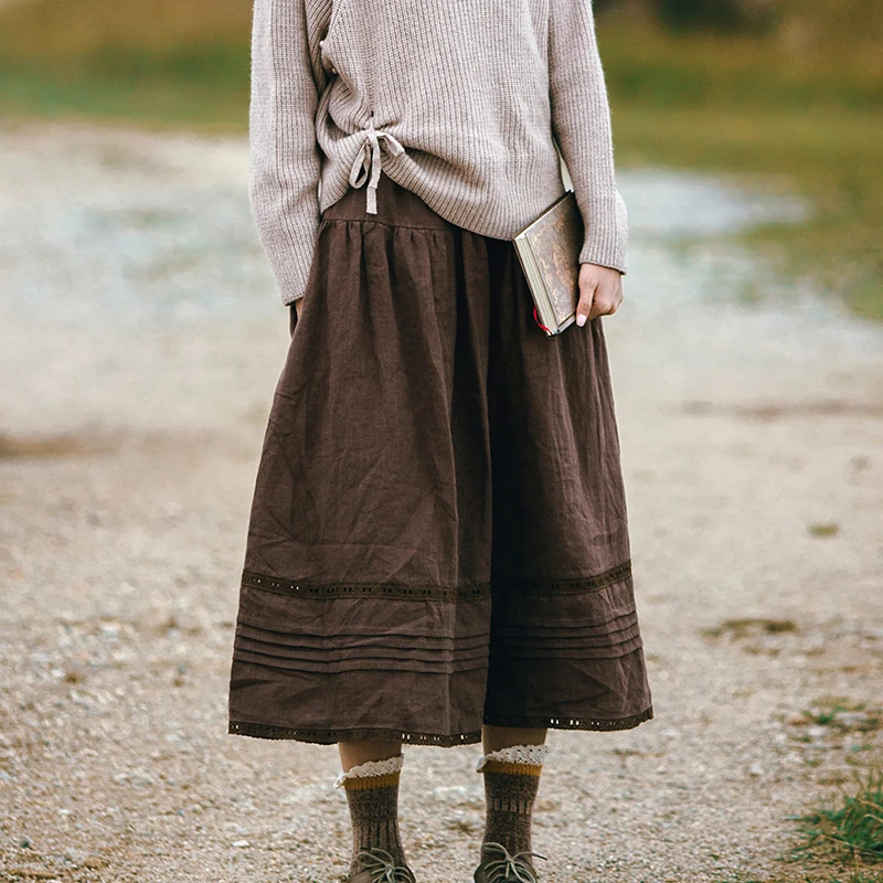 

LYNETTE'S CHINOISERIE Spring Autumn Original Design Women Vintage Elastic Waist Lace Patchwork Linen Skirt