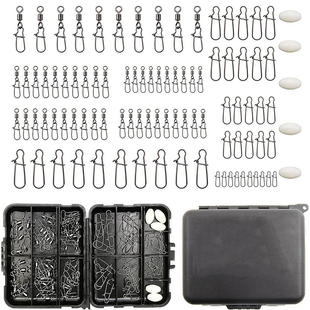 

95Pcs/Box Fishing Swivels Snaps Kit Tackle Box Fishing Swivels Line Connectors Black Duo-lock Nice Snaps