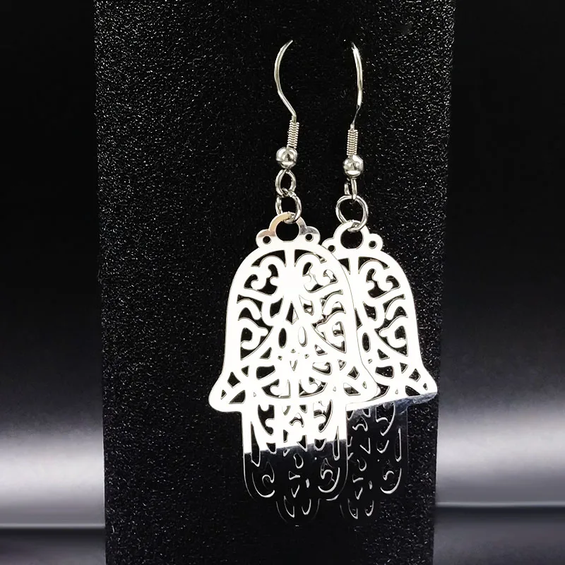 

2019 Stainless Steel Dangle Earrings for Women Fashion Silver Color Hamsa Hand Earrings for Women Jewelry aretes largos E612266