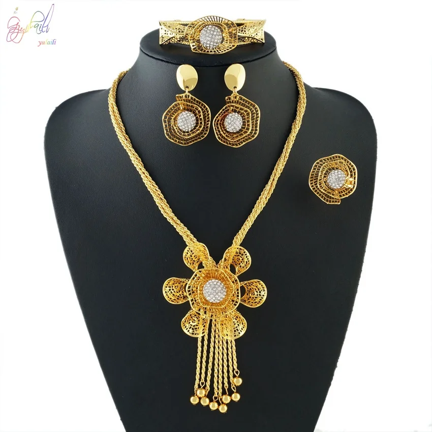 

YULAILI Costume Jewelery Sets for Women Gold Color Necklace Bangle Earrings Ring Vintage Fashion Accessories