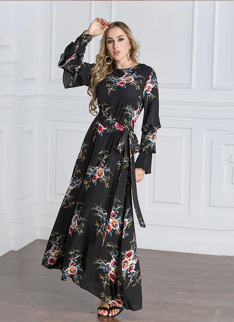 Для женщин мусульманский Абаи платье цветочный Рисунок Исламская одежда плюс Размеры 7XL длинными расклешенными рукавами кафтан джилбаба