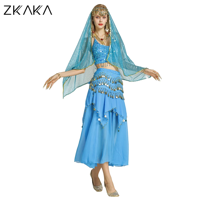 

ZKAKA Full Belly Dance Costume(Bra,Skirt,Belt,Veil,Nail,Necklace,Earrings)