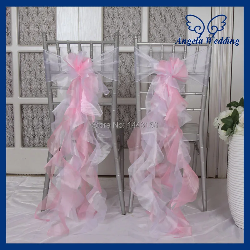 

CH098B New arrival 2018 cheap fancy wedding organza frilly pink and white curly willow chair sash