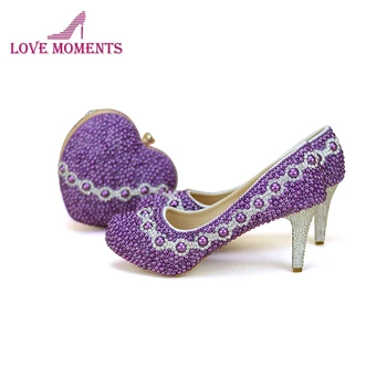 

2018 Adult Ceremony High Heel Shoes with Heart Shape Clutch Purple Pearl Handmade Wedding Party Shoes and Matching Bag Plus Size