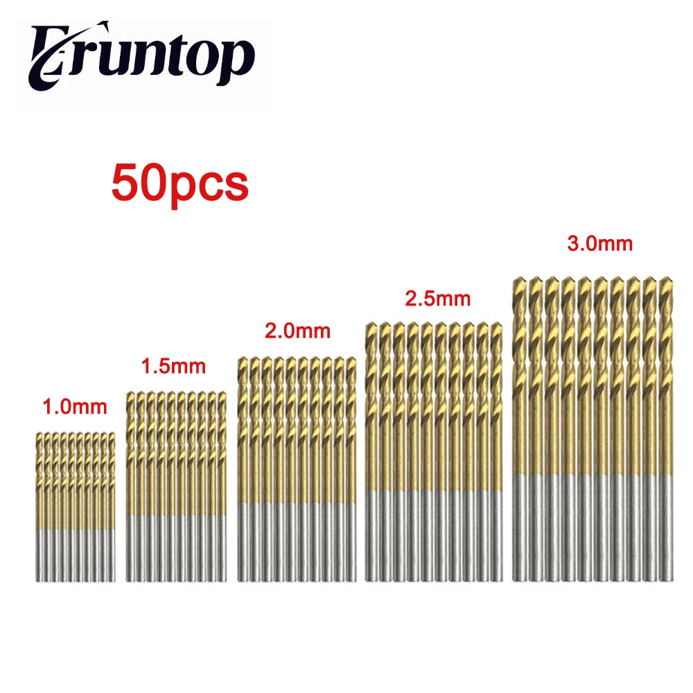 50 шт./лот Eruntop титановое покрытие HSS высокоскоростные стальные сверла набор электроинструментов 1 мм 1,5 мм 2 мм 2,5 мм 3 мм