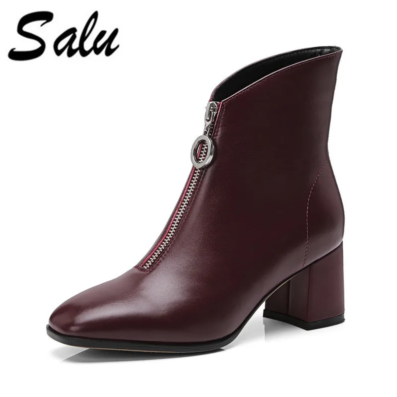 

Salu Brand Autumn Ankle Boots Women Genuine Leather Chelsea Booties Ladies Shoes round Toe Heels Boots