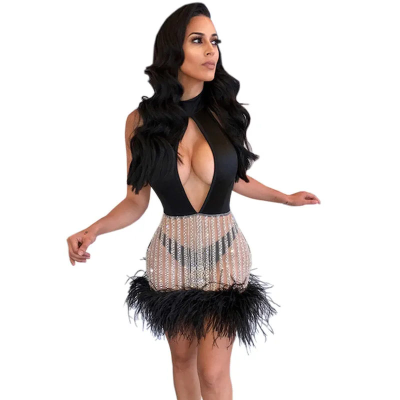 sequin feather bodycon dress