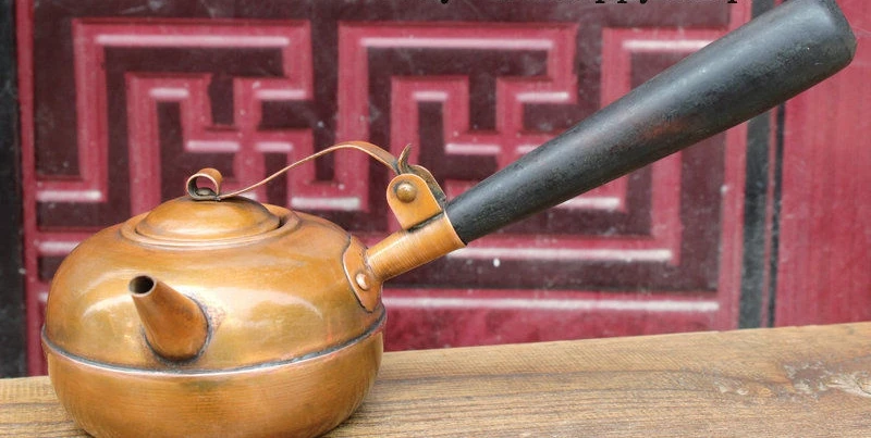 

10" Rare Chinese Folk Ancient Copper Bronze Wood Handle Wine Pot Burning Statue