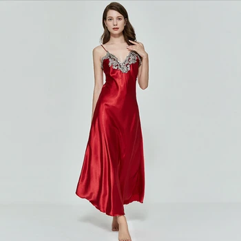 

New Fashion Women V Neck Satin Silk Lace Lingerie Sleeveless Maxi Night Dress Ladies Casual Solid Color Nightgown Summer