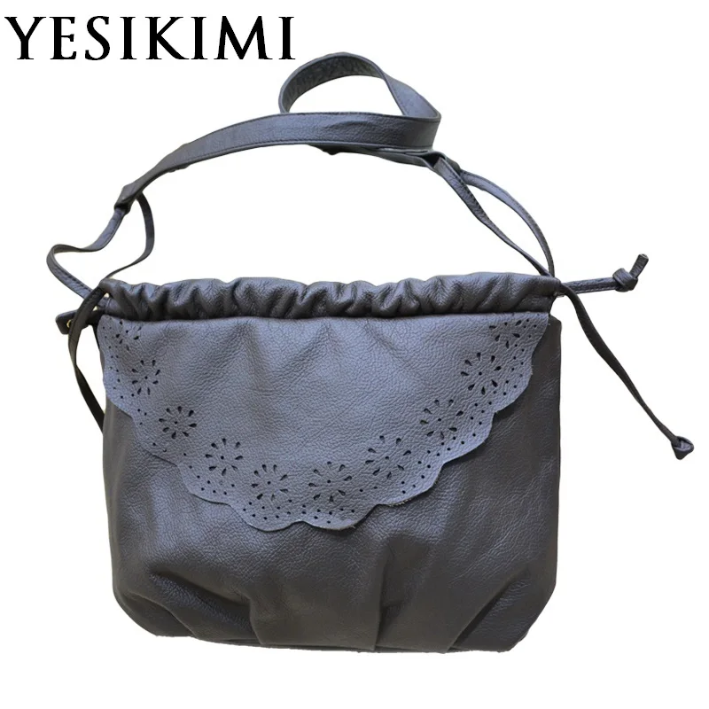 

2017 New Women Messenger Bags Soft Natural Genuine Leather Hobos Bag Vintage Handmade Hollow Out Flower Female Shoulder Bolsas