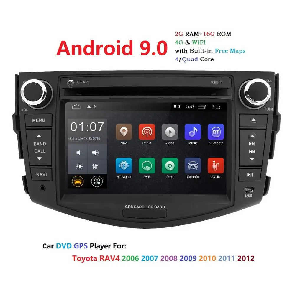 Hizpo NEW !!!Android 9.0 car dvd player for Toyota RAV4 Rav 4 2007 2008 2009 2010 2011 2 din 1024*600 car dvd gps wifi rds TPMS