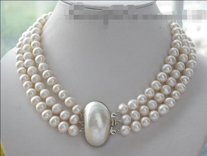 

shipping z3470 A++ 3row 10mm round white freshwater pearl necklace mabe
