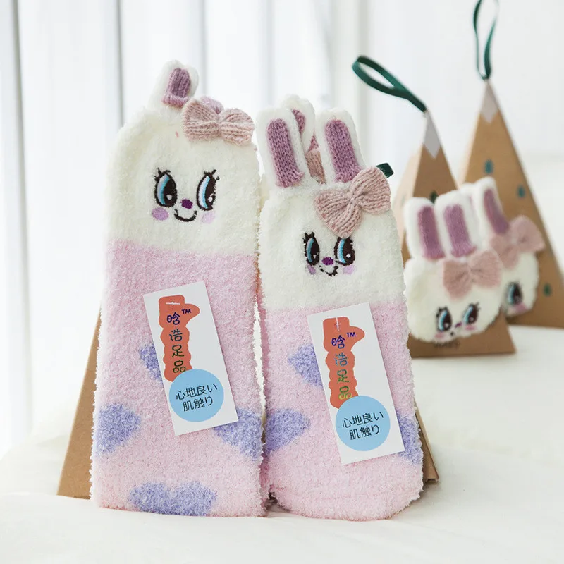 Super Warm Christmas Family Socks Women Girls Cartoon Floor Socks Rabbit Sheep Dot Sock Thicken Fleece 2016 Winter Home Clothing (31)