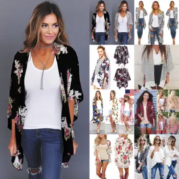 

UK Plus Size Women Holiday Lace Loose print Coat shirt Floral Kimono Cardigan Ladies Summer Tops jacket