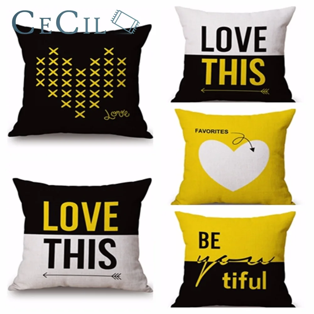 

LOVE Geometric Black Yellow White Cushion Cover Simple Cojines Nordicos Cotton Linen Pillow For Sofa OfficeHome Decor Pillowcase