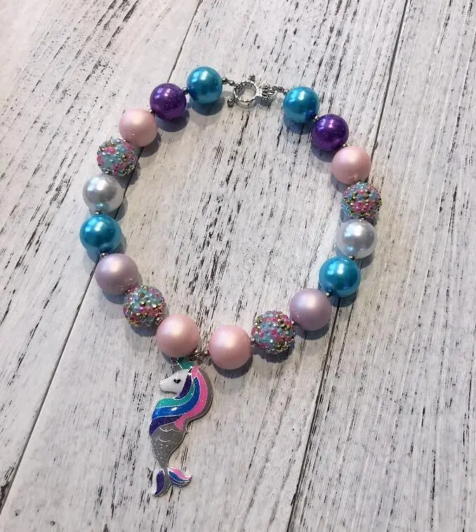 

Girls Chunky Bubblegum Necklace - Mermaid/Unicorn/Mermicorn Pendant Chunky Bead Necklace Baby Girls Birthday Party Gift