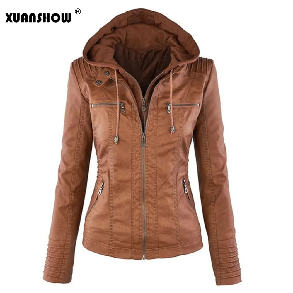 

XUANSHOW 2018 Jacket Women Long Sleeve Solid Color Zipper PU Leather Jackets Outwear Parka Trench Coat Plus Size Chaqueta Mujer