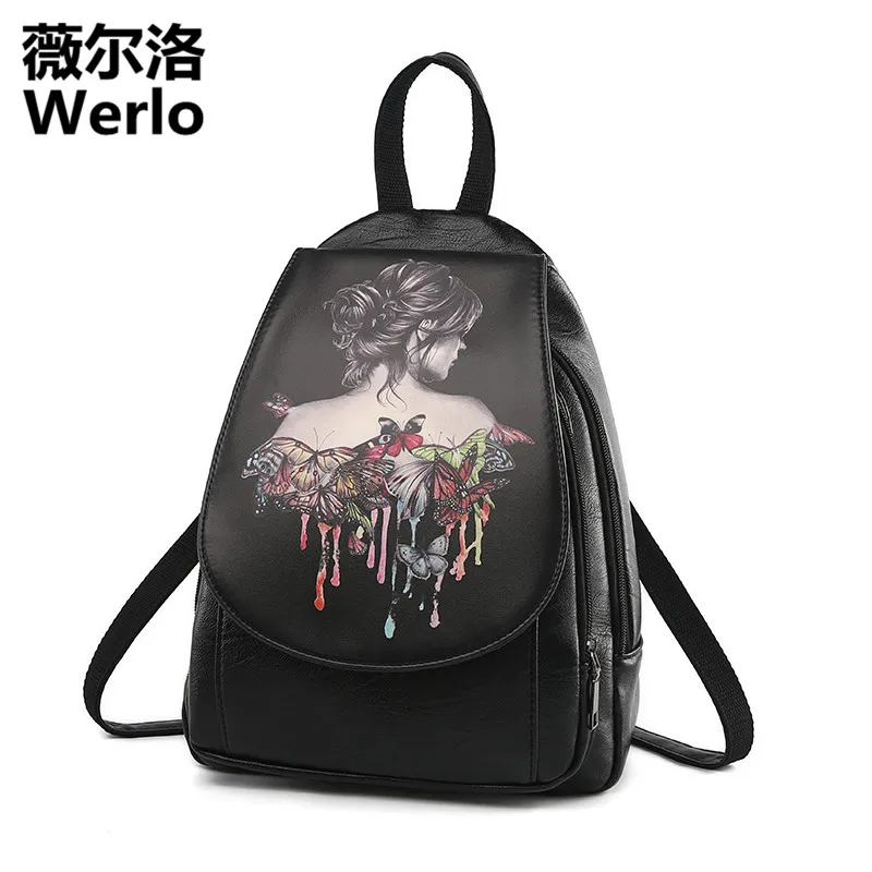 WERLO Brand Designer Women Backpacks Luxury Lesther Girl s School Bag Fashion Female Printing Backpack mochila