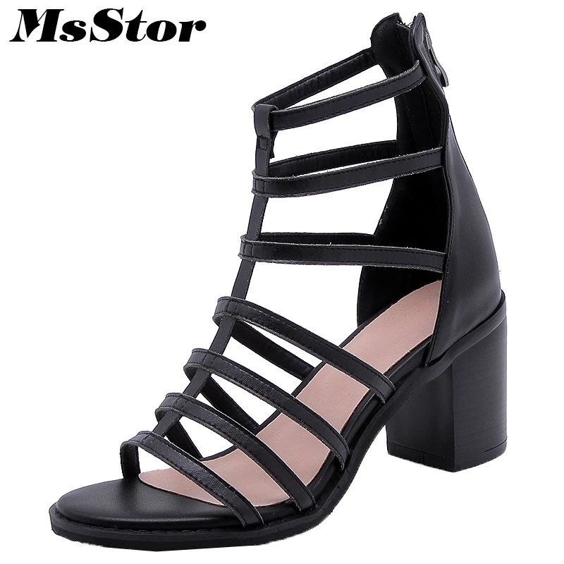 

MsStor Round Toe Square heel Women Sandals Fashion Zipper Rome High Heels Women Shoes Gladiator Sandals Sandalias Mujer 2019