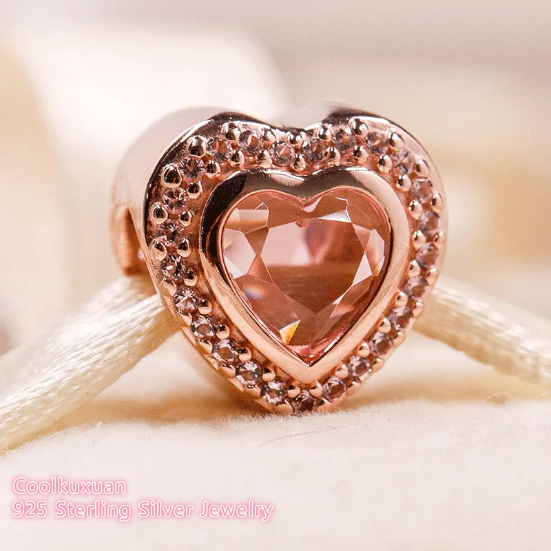 

925 Sterling Silver Sparkling Love Charm, Rose gold & Pink Crystal Fit Original Brand Charms Bracelet 2018 Autumn DIY jewelry