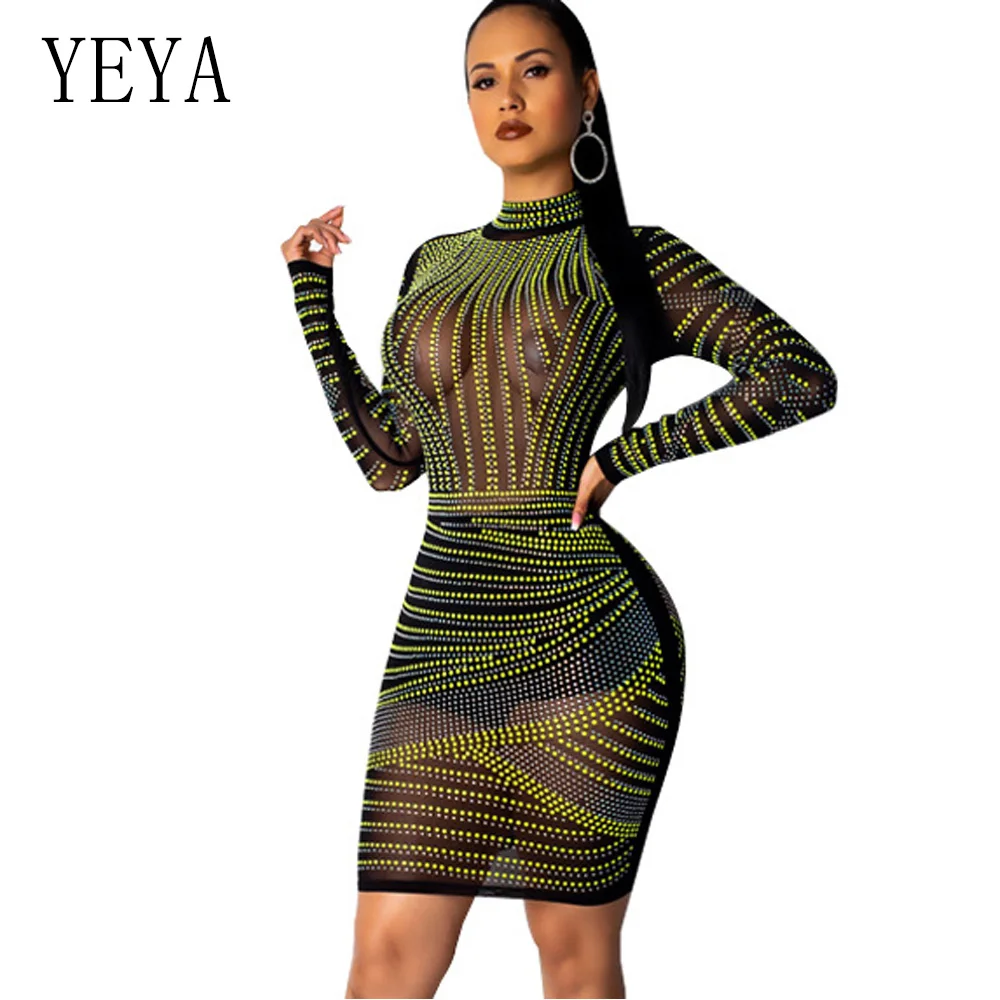 

YEYA Women Sexy Rhinestone Long Sleeve Club Party Dress See Through Mesh Elegant Bodycon Bandage Mini Celebrity Summer Dresses