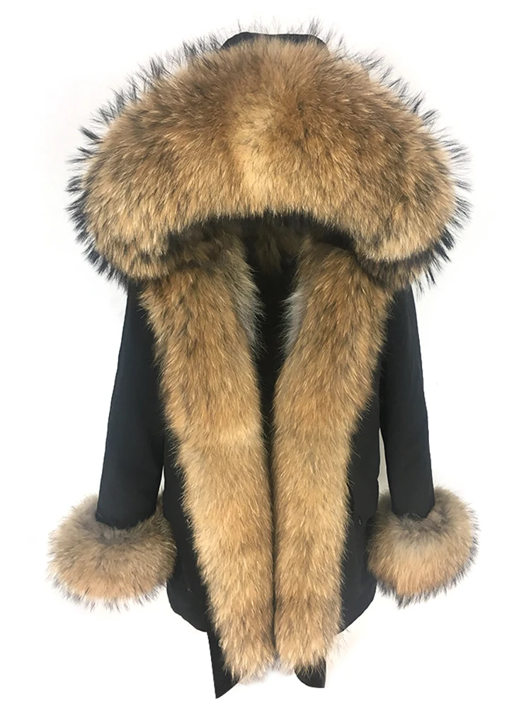Водонепроницаемое пальто, зимняя куртка, Женское пальто из натурального меха, длинная парка, натуральный мех енота, капюшон, подкладка из лисьего меха, Толстая теплая уличная одежда - Цвет: black natural FD
